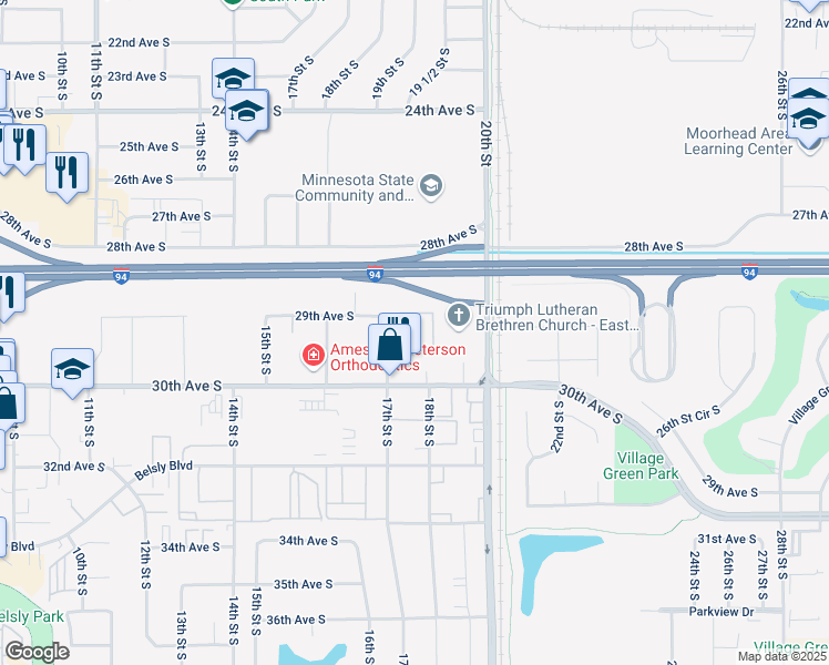 map of restaurants, bars, coffee shops, grocery stores, and more near 1700 29th Avenue South in Moorhead