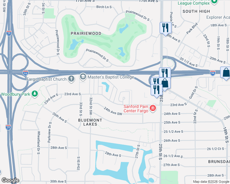 map of restaurants, bars, coffee shops, grocery stores, and more near 3015 23rd Avenue South in Fargo