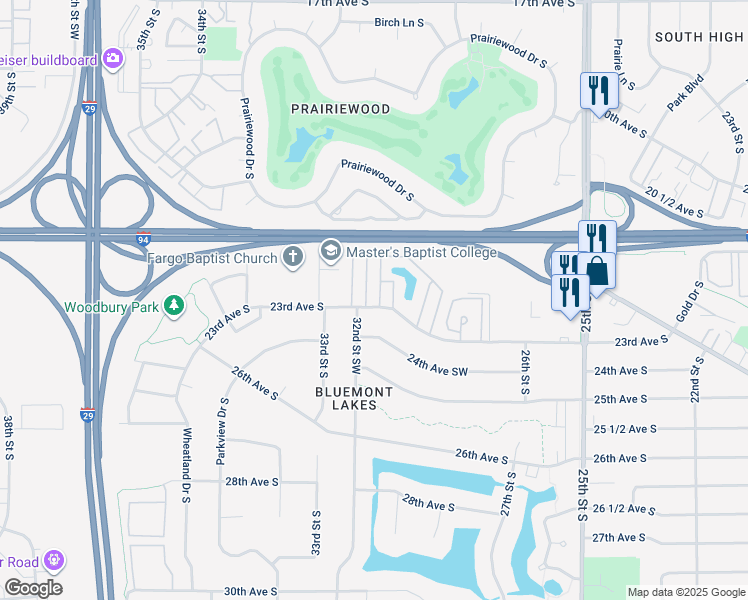 map of restaurants, bars, coffee shops, grocery stores, and more near 2303 32nd Street Southwest in Fargo