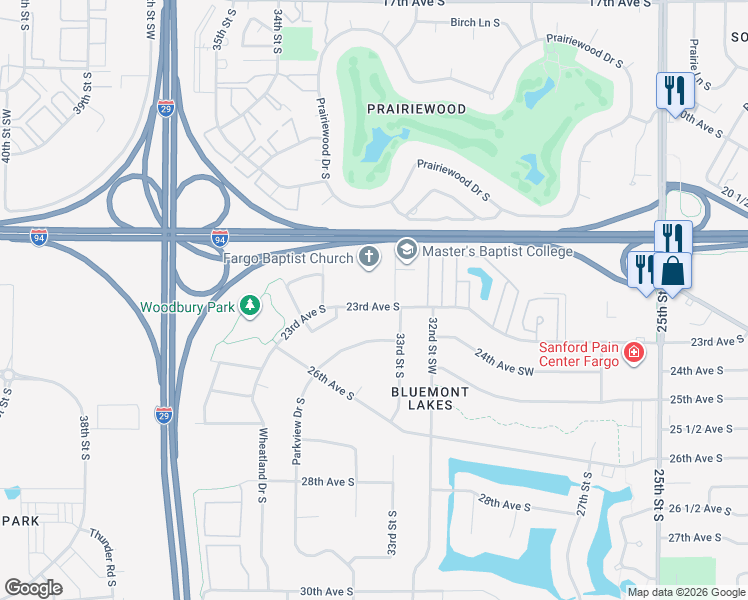 map of restaurants, bars, coffee shops, grocery stores, and more near 3318 23rd Avenue South in Fargo
