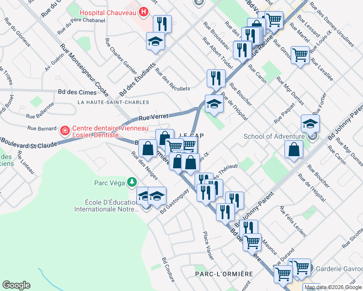 map of restaurants, bars, coffee shops, grocery stores, and more near 540 Rue Racine in Ville de Québec