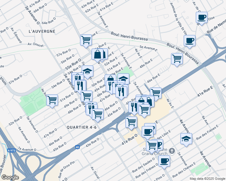 map of restaurants, bars, coffee shops, grocery stores, and more near 4785 1re Avenue in Québec