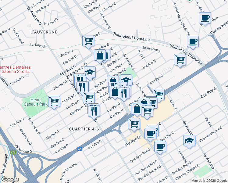 map of restaurants, bars, coffee shops, grocery stores, and more near 4635 1re Avenue in Québec