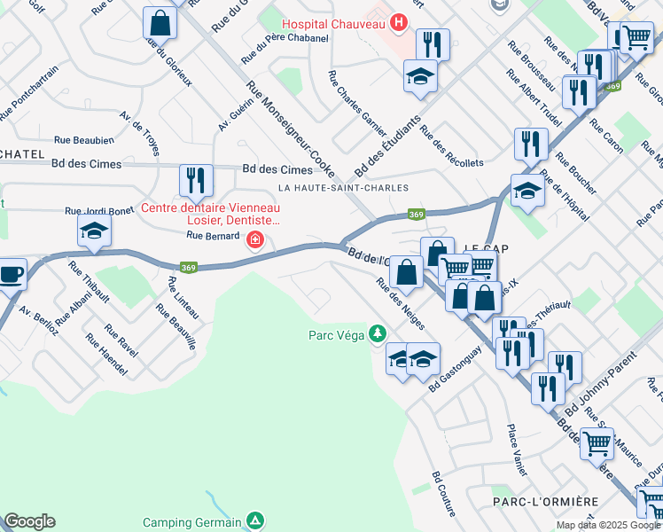 map of restaurants, bars, coffee shops, grocery stores, and more near 11475 Rue des Lauriers in Quebec