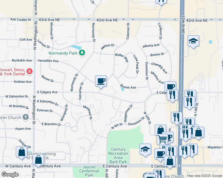 map of restaurants, bars, coffee shops, grocery stores, and more near Calgary Avenue in Bismarck