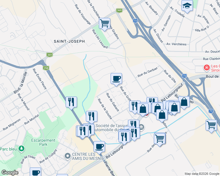 map of restaurants, bars, coffee shops, grocery stores, and more near 750 Rue des Groseilles in Québec