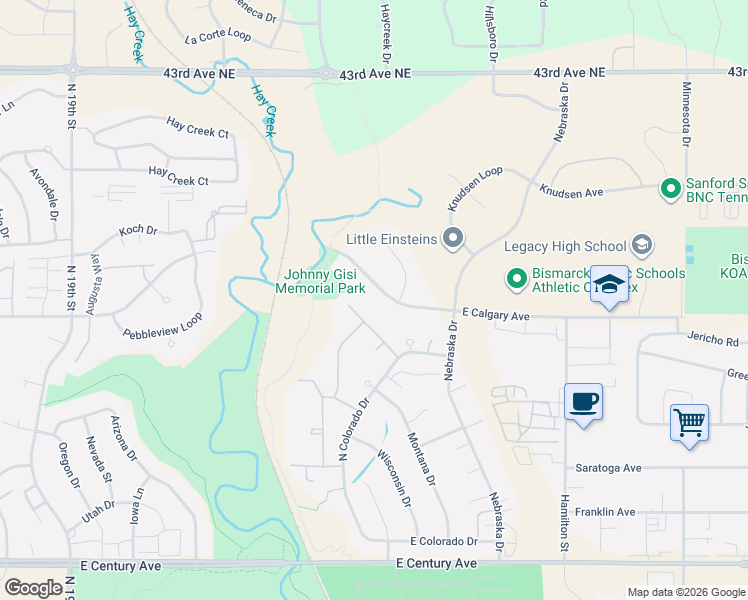 map of restaurants, bars, coffee shops, grocery stores, and more near 2424 East Calgary Avenue in Bismarck