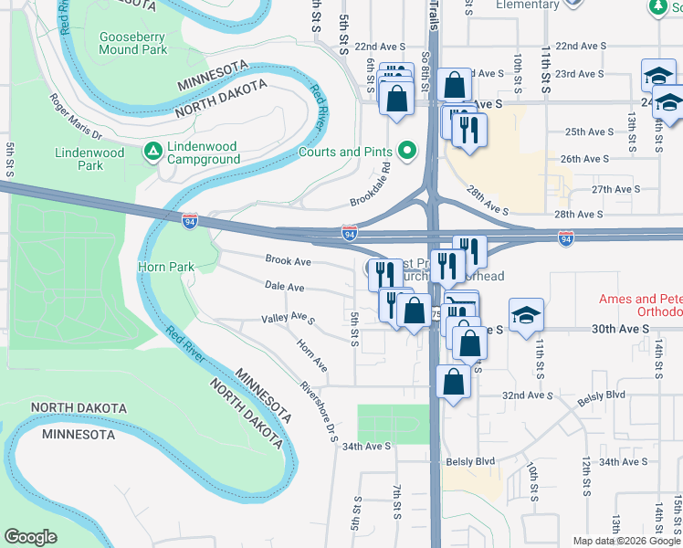 map of restaurants, bars, coffee shops, grocery stores, and more near 437 Brook Avenue in Moorhead
