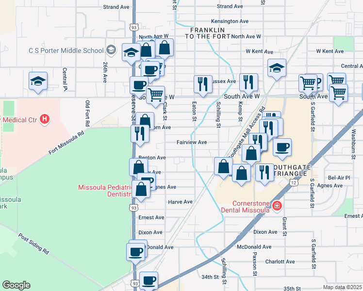 map of restaurants, bars, coffee shops, grocery stores, and more near 2335 Dearborn Avenue in Missoula