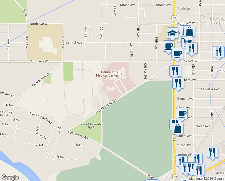 map of restaurants, bars, coffee shops, grocery stores, and more near 2835 Fort Missoula Rd in Missoula