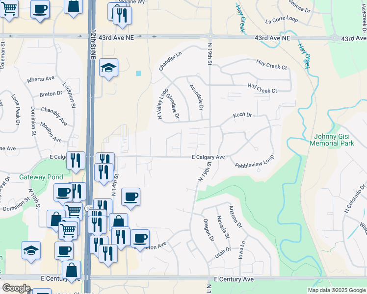map of restaurants, bars, coffee shops, grocery stores, and more near 3800 Koch Drive in Bismarck
