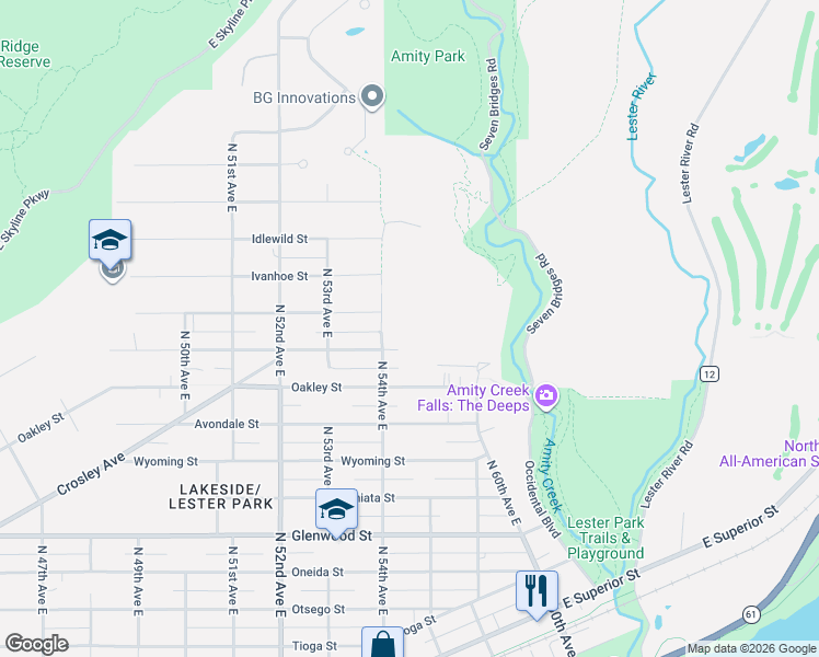 map of restaurants, bars, coffee shops, grocery stores, and more near 1008 North 54th Avenue East in Duluth