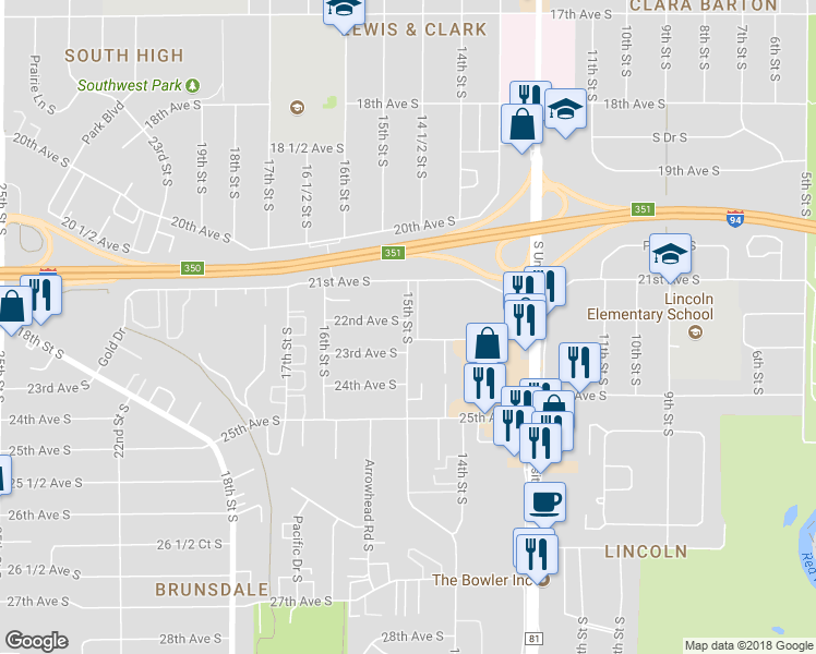 map of restaurants, bars, coffee shops, grocery stores, and more near 2222 15th Street South in Fargo