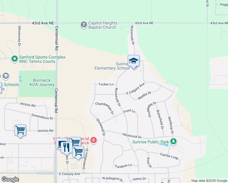 map of restaurants, bars, coffee shops, grocery stores, and more near 3623 Roosevelt Drive in Bismarck