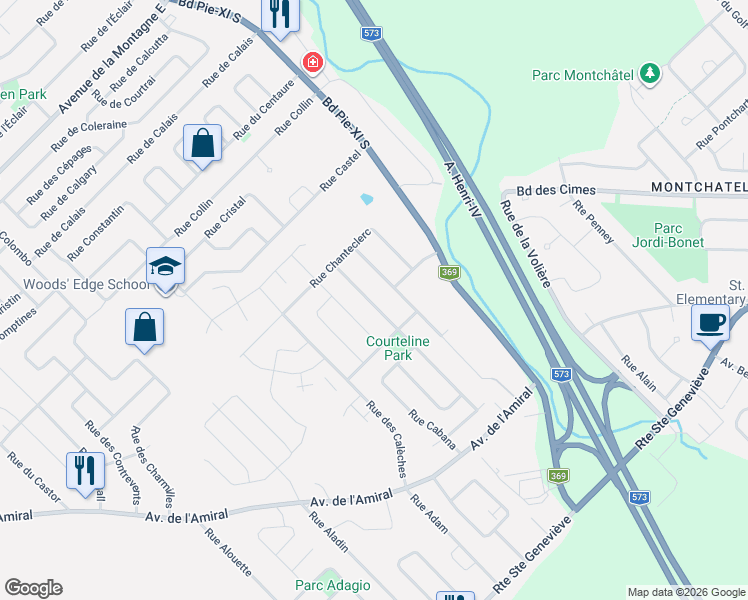 map of restaurants, bars, coffee shops, grocery stores, and more near 1296 Rue Courteline in Québec