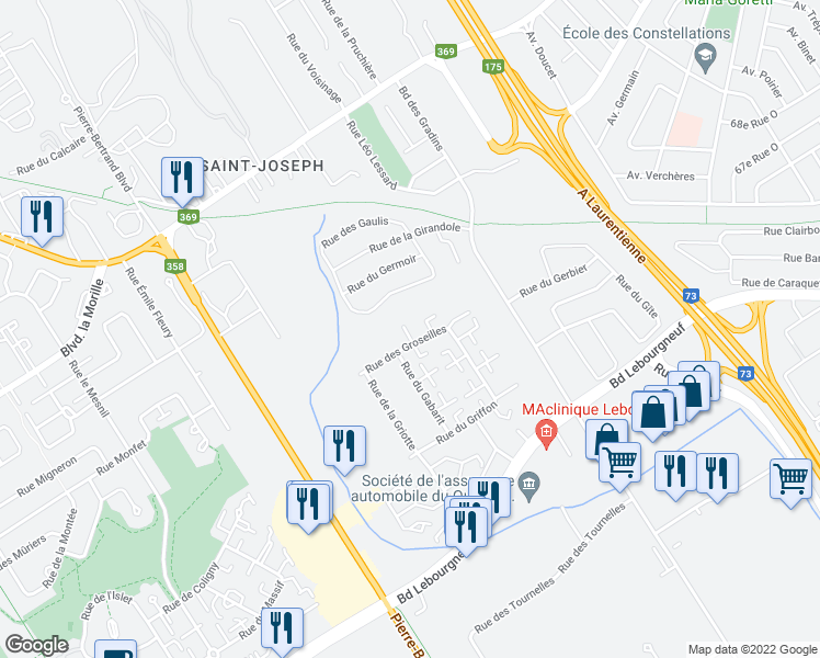 map of restaurants, bars, coffee shops, grocery stores, and more near 750 Rue des Groseilles in Québec