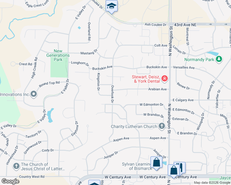 map of restaurants, bars, coffee shops, grocery stores, and more near 3733 Overlook Drive in Bismarck