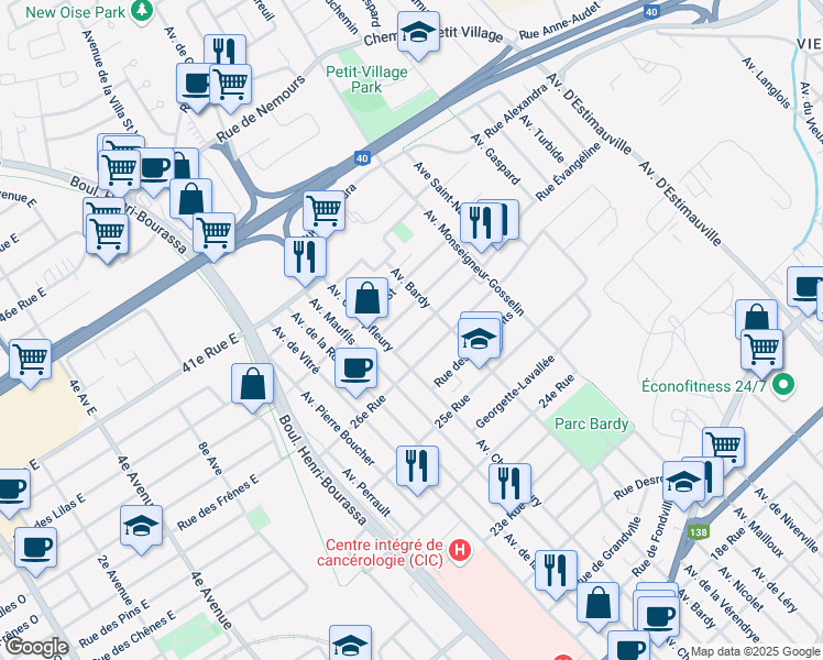 map of restaurants, bars, coffee shops, grocery stores, and more near 1923 Rue Sir Mathias Tellier in Ville de Québec