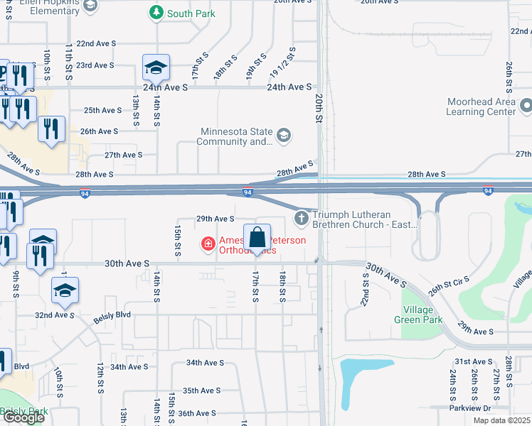 map of restaurants, bars, coffee shops, grocery stores, and more near 1700 29th Avenue South in Moorhead