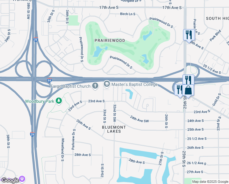 map of restaurants, bars, coffee shops, grocery stores, and more near 3217 23rd Avenue South in Fargo