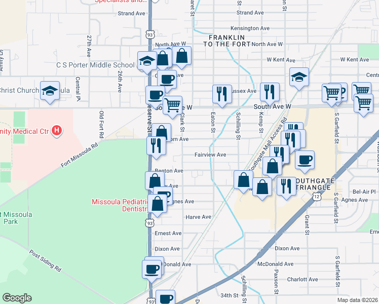 map of restaurants, bars, coffee shops, grocery stores, and more near 2335 Dearborn Avenue in Missoula