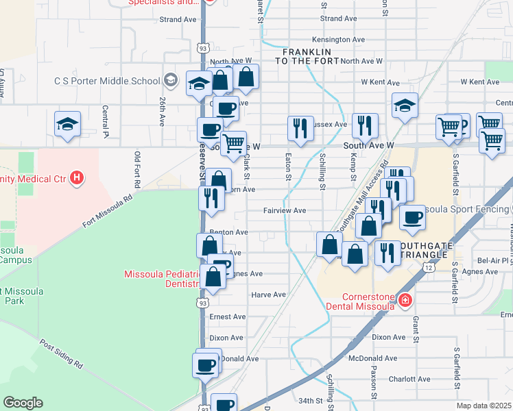 map of restaurants, bars, coffee shops, grocery stores, and more near 2335 Dearborn Avenue in Missoula