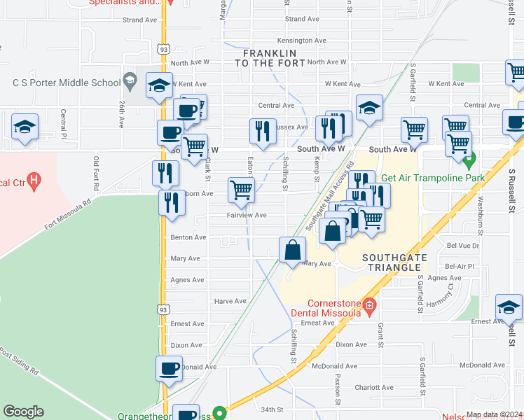 map of restaurants, bars, coffee shops, grocery stores, and more near 2230 Fairview Avenue in Missoula