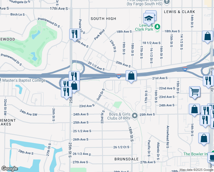 map of restaurants, bars, coffee shops, grocery stores, and more near 2100 21st Avenue South in Fargo