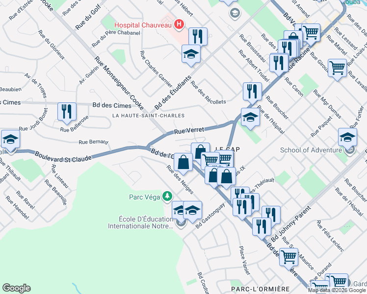 map of restaurants, bars, coffee shops, grocery stores, and more near 32 Impasse du Cap in Québec