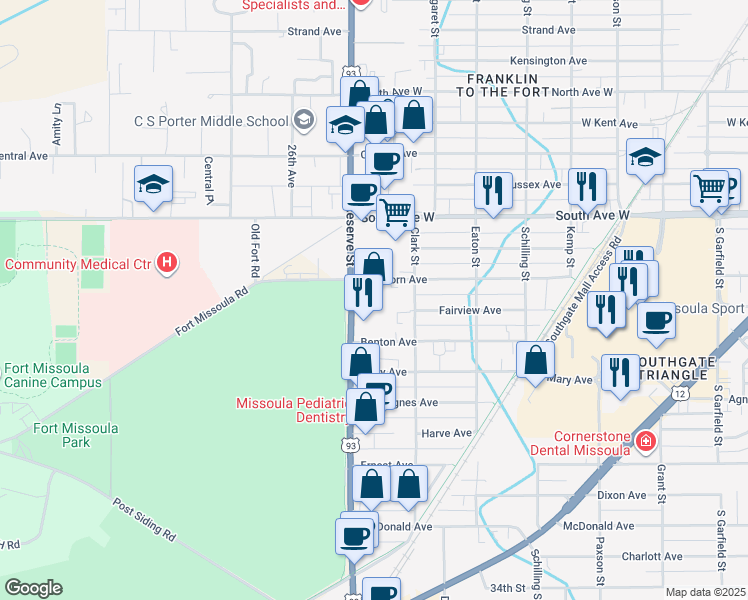 map of restaurants, bars, coffee shops, grocery stores, and more near 2600 S Reserve St in Missoula