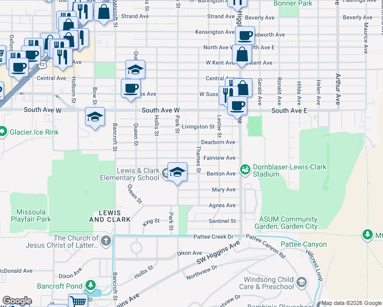 map of restaurants, bars, coffee shops, grocery stores, and more near 316 Fairview Ave in Missoula