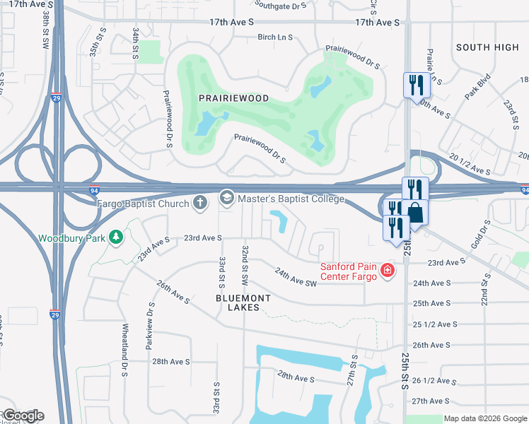 map of restaurants, bars, coffee shops, grocery stores, and more near 3121 23rd Avenue South in Fargo