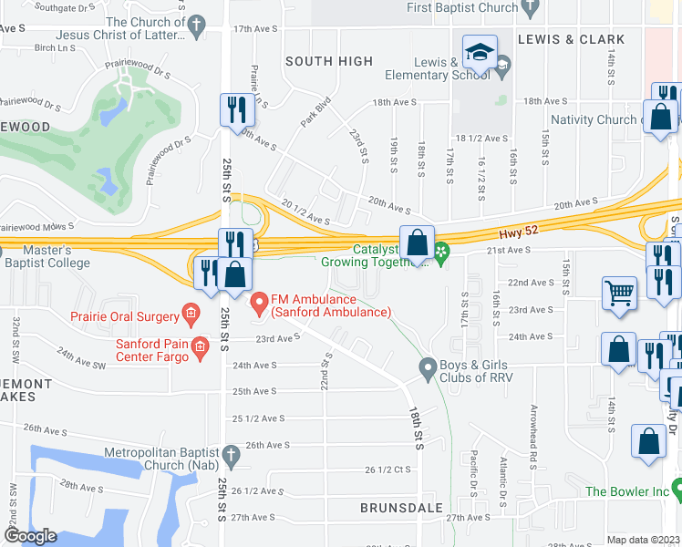 map of restaurants, bars, coffee shops, grocery stores, and more near 2100 21st Avenue South in Fargo