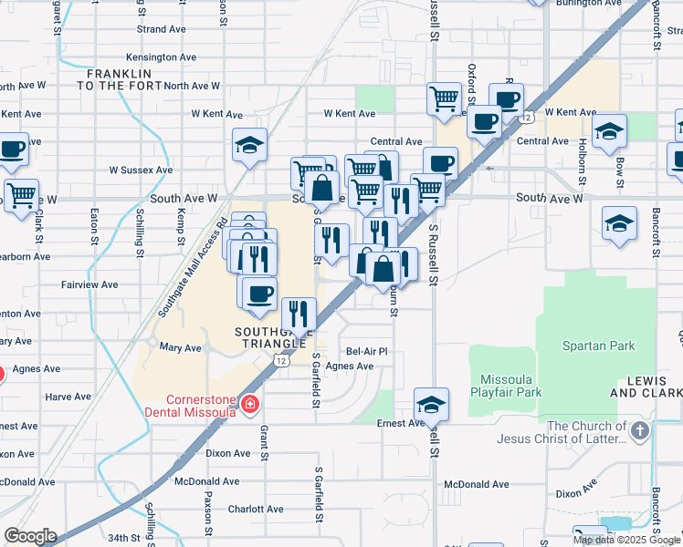 map of restaurants, bars, coffee shops, grocery stores, and more near 2621 Brooks Street in Missoula