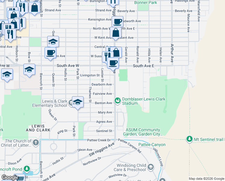 map of restaurants, bars, coffee shops, grocery stores, and more near 2600-2698 South Higgins Avenue in Missoula