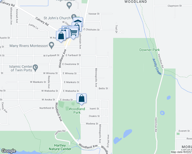 map of restaurants, bars, coffee shops, grocery stores, and more near 915 Minneapolis Ave in Duluth