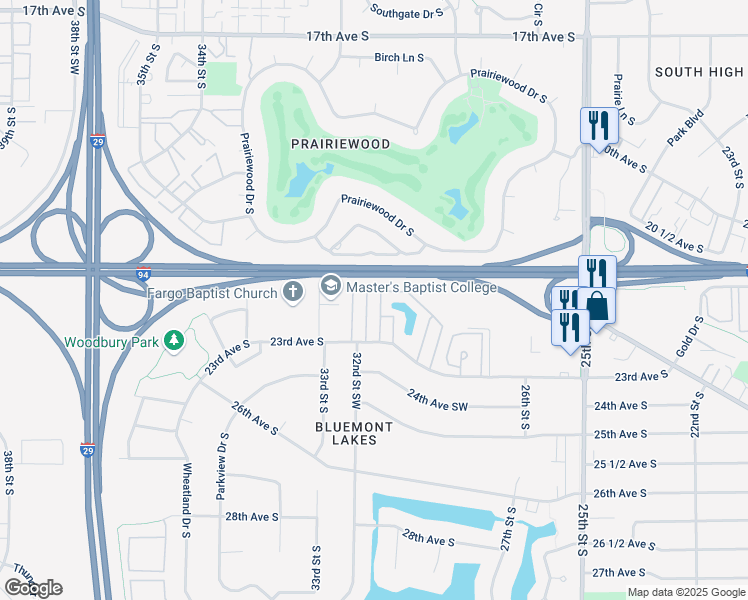 map of restaurants, bars, coffee shops, grocery stores, and more near 3217 23rd Avenue South in Fargo