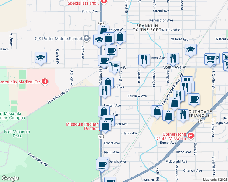 map of restaurants, bars, coffee shops, grocery stores, and more near 2409 Dearborn Avenue in Missoula