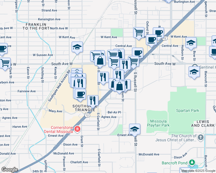 map of restaurants, bars, coffee shops, grocery stores, and more near 2621 Brooks St in Missoula