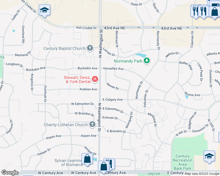 map of restaurants, bars, coffee shops, grocery stores, and more near 3800 Renee Drive in Bismarck