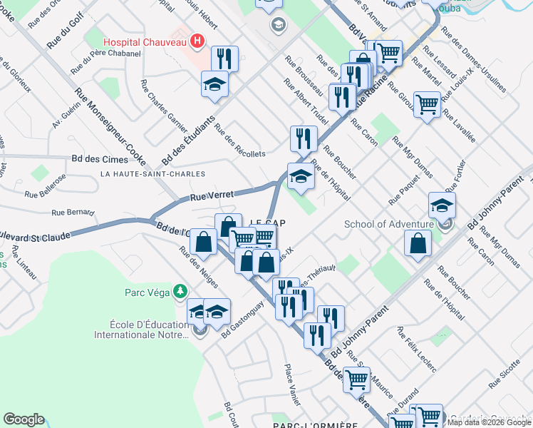 map of restaurants, bars, coffee shops, grocery stores, and more near 514 Rue Racine in Québec