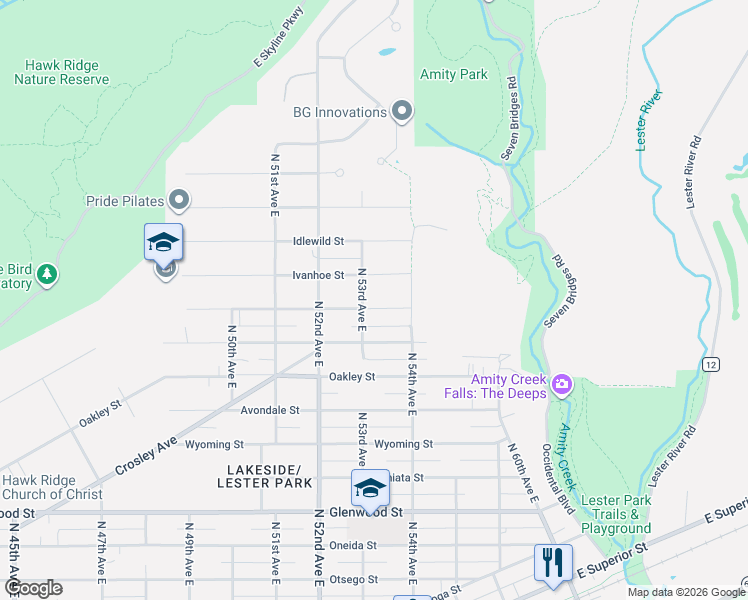 map of restaurants, bars, coffee shops, grocery stores, and more near 5309 Norwood Street in Duluth