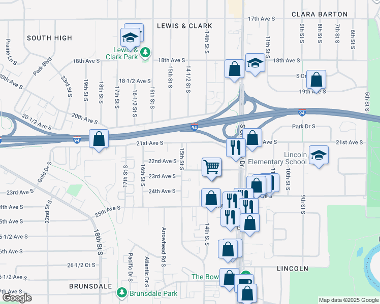 map of restaurants, bars, coffee shops, grocery stores, and more near 1431 Oak Manor Avenue South in Fargo