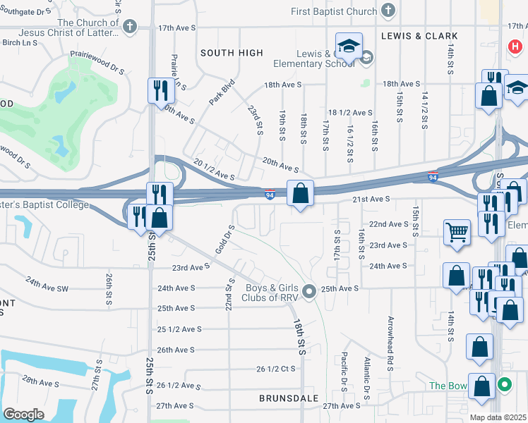 map of restaurants, bars, coffee shops, grocery stores, and more near 1900 21st Avenue South in Fargo