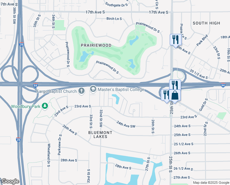 map of restaurants, bars, coffee shops, grocery stores, and more near 3121 23rd Avenue South in Fargo
