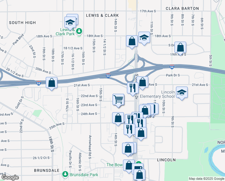 map of restaurants, bars, coffee shops, grocery stores, and more near 1350 21st Avenue South in Fargo