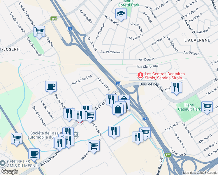 map of restaurants, bars, coffee shops, grocery stores, and more near 527 Rue du Gîte in Québec
