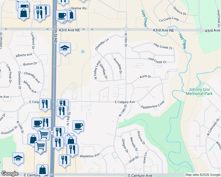 map of restaurants, bars, coffee shops, grocery stores, and more near 3800 Koch Drive in Bismarck