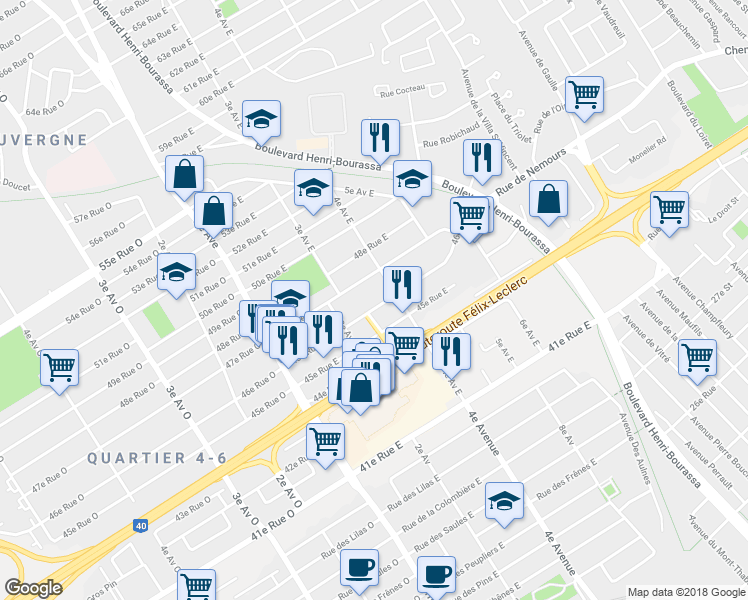 map of restaurants, bars, coffee shops, grocery stores, and more near 359 46e Rue Est in Québec