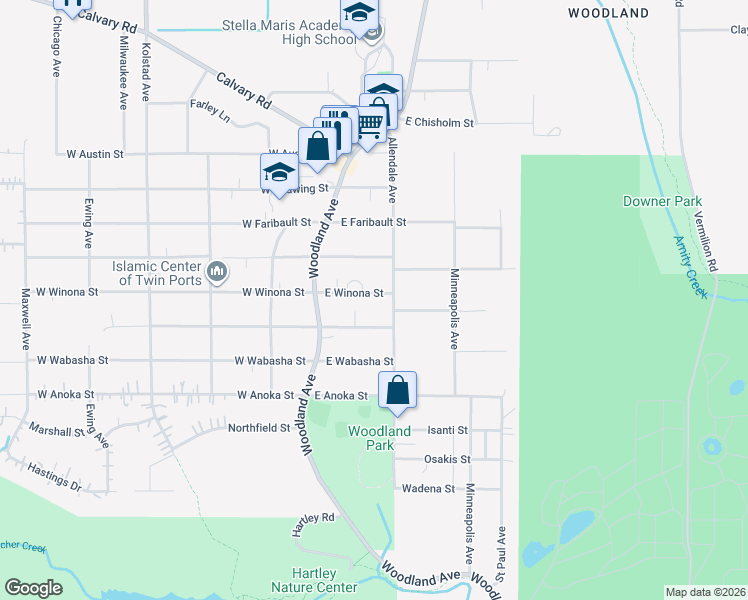 map of restaurants, bars, coffee shops, grocery stores, and more near 120 East Winona Street in Duluth